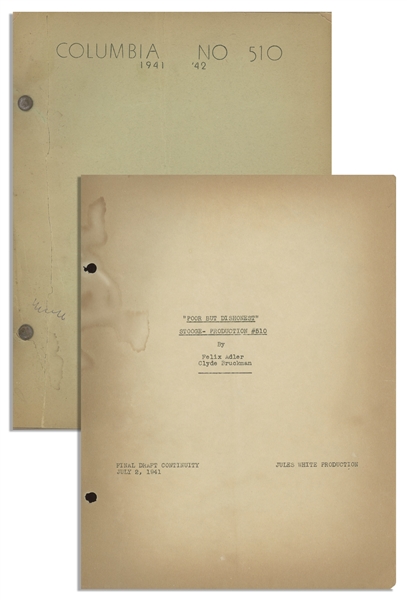 Moe Howard's 33pp. Script Dated July 1941 for The 1942 Three Stooges Film ''Loco Boy Makes Good'', With Working Title ''Poor but Dishonest'' -- Archival Repair to Cover, Else Very Good Condition